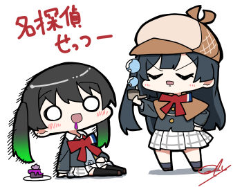 2girls :d absurdres bad_food black_hair black_jacket black_socks black_thighhighs brown_capelet brown_hat brown_shoes capelet chibi chibi_only deerstalker grey_sweater hat highres holding holding_smoking_pipe jacket long_hair love_live! love_live!_nijigasaki_high_school_idol_club miniskirt multiple_girls neck_ribbon nijigasaki_school_uniform o_o one_side_up oofushi_ao open_mouth pleated_skirt red_ribbon ribbon school_uniform shoes sitting skirt smile smoking_pipe soap_bubbles socks standing sweater takasaki_yu thighhighs translation_request white_skirt winter_uniform yuki_setsuna