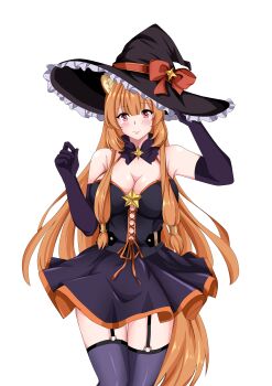 Rule 34 | 1girl, absurdres, alternate costume, animal ears, arm up, bare shoulders, black corset, black gloves, black hat, black skirt, black thighhighs, blunt bangs, blush, bow, breasts, brown hair, cleavage, closed mouth, commentary, corset, elbow gloves, english commentary, eyelashes, frilled hat, frills, garter straps, gloves, halloween costume, hand up, hat, hat bow, highres, holding, holding unworn clothes, holding unworn hat, large breasts, long hair, metal hair tubes, mukhbita249, raccoon ears, raccoon girl, raccoon tail, raphtalia, red bow, red hair, second-party source, simple background, skirt, smile, solo, straight-on, tail, tate no yuusha no nariagari, thighhighs, transparent background, unworn hat, unworn headwear, witch, witch hat