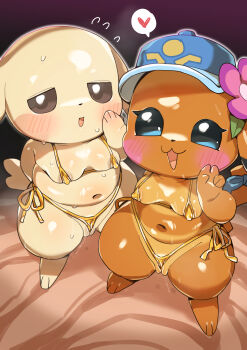 1girl 2026 absurdres areola_slip bad_tag bikini blue_eyes blue_eyes_(manga) blue_hat blush breasts brown_eyes dripping feet flying_sweatdrops furry gen_1_pokemon hat headgear highres looking_at_viewer ms._wavychu navel nintendo open_mouth peakychu pikachu pokemon pokemon_(creature) pokemon_winds_and_waves rinrin_(rinrindoujin) sunburn sweat sweatdrop swimsuit yellow_bikini