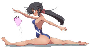 1girl ass black_hair blue_eyes blue_one-piece_swimsuit blush breasts commentary_request from_side full_body girls_und_panzer hair_ribbon highleg highleg_one-piece_swimsuit highres jinguu_(4839ms) large_breasts long_hair ogin_(girls_und_panzer) one-piece_swimsuit open_mouth ponytail ribbon simple_background solo sweat swimsuit white_background