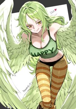 Rule 34 | 1girl, absurdres, bare shoulders, breasts, cleavage, clothes writing, commentary request, crop top, feathered wings, feathers, green hair, green tank top, harpy, highres, kasumi 6, large breasts, licking lips, long hair, looking at viewer, midriff, monet (one piece), monster girl, navel, one piece, smile, solo, striped clothes, tank top, tongue, tongue out, winged arms, wings, yellow eyes