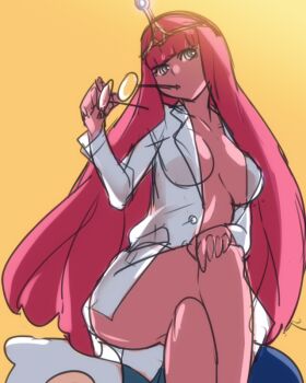 1boy 1girl adventure_time bad_id bad_pixiv_id ban!_(bansankan) biting_glasses crossed_legs dress_shirt unworn_eyewear finn_the_human glasses human_furniture long_hair mouth_hold open_clothes open_shirt pink_hair princess_bonnibel_bubblegum shirt sitting sitting_on_person sketch solo_focus tiara very_long_hair