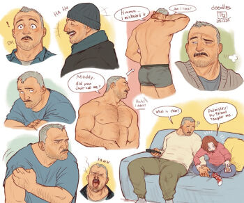 Rule 34 | !, 1boy, 1girl, 2024, ?, aaron gruber (o natsuo88), bara, beard stubble, blue shirt, boxers, controller, couch, dated, facial hair, gingham shirt, green pants, grey hair, grey sweater, holding, holding remote control, laughing, madison (o natsuo88), male underwear, mature male, medium hair, muscular, muscular male, mustache, nipples, o natsuo88, old, old man, on couch, original, pants, pectorals, pink shirt, remote control, scarf, scratching arm, shirt, short hair, sitting, skull cap, socks, sparse arm hair, sparse chest hair, stubble, sweater, sweatpants, uncle and niece, underwear, very short hair, white shirt, yawning, yellow pillow