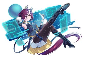 1girl ahoge animal_ears aqua_necktie armpits asymmetrical_gloves black_gloves boots botantouki commentary_request eyepatch fishnet_pantyhose fishnets floating gloves grin highres horse_ears horse_girl horse_tail mismatched_gloves multicolored_hair necktie pantyhose purple_hair short_hair shorts smile solo streaked_hair tail tanino_gimlet_(embodiment_of_keravnos)_(umamusume) tanino_gimlet_(umamusume) umamusume variant_set white_gloves white_shorts yellow_eyes