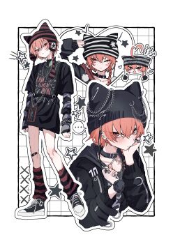 ... 1girl :&lt; absurdres ahoge alternate_costume alternate_hairstyle bandaid bandaid_on_knee bandaid_on_leg beanie belt_collar black_jacket black_nails black_shirt blue_archive border braid chain chain_necklace chest_harness chibi chibi_inset closed_mouth collar commentary converse cropped_torso ear_piercing earflap_beanie earrings facing_viewer fashion hair_between_eyes harness hat heart highres hood hood_down hooded_jacket huge_ahoge jacket jewelry leg_warmers long_sleeves looking_at_viewer looking_to_the_side multiple_views nail_polish necklace neru_(blue_archive) one_eye_closed outline piercing pom_pom_(clothes) punk red_eyes red_hair ring shirt shoes short_sleeves side_braid single_braid slit_pupils sneakers spoken_ellipsis standing star_(symbol) striped_clothes striped_leg_warmers striped_shirt tsurime v-shaped_eyebrows white_background yuni_(_nx_xn9)