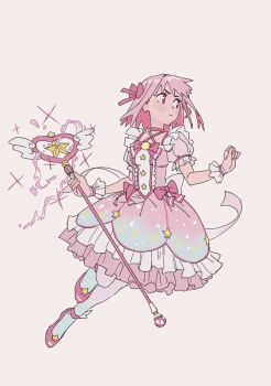 1girl bow brooch buttons center_frills choker closed_mouth dress flats frilled_dress frilled_sleeves frills full_body galaxy_print h4sh1rnoto hair_bow highres holding holding_staff jewelry looking_to_the_side mage_staff magical_girl medium_hair multicolored_pantyhose original pantyhose pink_bow pink_choker pink_dress pink_eyes pink_hair pink_shoes print_pantyhose puffy_short_sleeves puffy_sleeves shoes short_sleeves simple_background solo sparkle staff star_(symbol) star_button star_print white_background wrist_cuffs