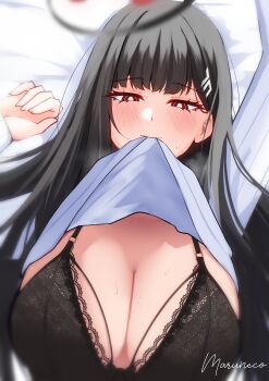 1girl absurdres biting biting_clothes black_bra black_hair blue_archive blush bra breasts cleavage clothes_lift commentary_request halo highres large_breasts lingerie long_hair looking_at_viewer lying maruneco on_back red_eyes ringed_eyes rio_(blue_archive) sweat sweater sweater_lift underwear