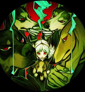 1girl 4boys cigarette commentary dobermann dog_boy dress english_commentary formal_clothes furry furry_male gloves highres holding holding_cigarette holding_stuffed_toy looking_at_viewer multiple_boys original red_background red_eyes rottweiler short_hair short_twintails smoke smoke_trail smoking stuffed_animal stuffed_dog stuffed_toy suit twintails white_hair zapooo_2