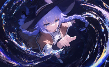 1girl absurdres black_hat black_ribbon blue_eyes blue_hair boots braid brown_cape cape casting_spell chinese_commentary closed_mouth commentary crossed_bangs eyelashes fingernails floating_hair foreshortening from_above full_body hair_between_eyes hair_ribbon hand_up hat highres hydrokinesis long_braid long_hair long_sleeves low_twintails mushoku_tensei ribbon roxy_migurdia shirt simple_background solo standing twin_braids twintails very_long_hair victor-cr water white_boots white_shirt witch_hat