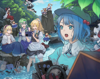6+girls :/ :o alice_margatroid alternate_hairstyle apron ascot bird_wings black_footwear black_hair black_necktie black_skirt black_vest blonde_hair bloomers blue_eyes blue_hair blue_shirt blue_skirt bow bowtie box braid cable camera capelet cd closed_mouth commentary controller corded_phone detached_sleeves electric_fan feathered_wings flat_cap flying forest frilled_hairband frilled_skirt frills frog_hair_ornament game_console gamecube geta gourd green_eyes green_hair green_headwear hair_between_eyes hair_bobbles hair_bow hair_ornament hair_tubes hairband hakama hakama_skirt hakurei_reimu hand_on_own_shoulder hat highres holding holding_box holding_camera horns hoshiguma_yuugi ibuki_suika japanese_clothes juliet_sleeves kawashiro_nitori kirisame_marisa kochiya_sanae long_hair long_sleeves looking_at_another looking_at_object medium_hair multiple_girls nature necktie no_headwear oni_horns open_mouth outdoors phone ponytail puffy_short_sleeves puffy_sleeves purple_skirt red_bow red_bowtie red_eyes red_hairband red_ribbon red_skirt red_vest ribbon ripples river rock shameimaru_aya shirt shoes short_hair short_sleeves sidelocks single_braid single_horn skirt skirt_set snake_hair_ornament steering_wheel teeth tengu-geta toshio touhou underwear upper_teeth_only vest wading waist_apron water white_apron white_bloomers white_capelet white_shirt white_sleeves white_vest wide_sleeves wings yellow_ascot yellow_eyes