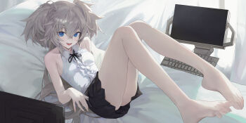 1girl armpit_crease bare_legs barefoot bed_sheet black_ribbon black_skirt blue_eyes blush breasts clothes_pull collarbone collared_shirt commentary_request computer_keyboard cowlick crossed_bangs curtains eyelashes far_side feet florence_(neural_cloud) foreshortening full_body girls'_frontline girls'_frontline_neural_cloud grey_hair head_tilt heart heart-shaped_pupils highres knees_up leaning_back legs long_hair long_legs looking_at_viewer lying messy_hair miniskirt monitor neck_ribbon on_back open_mouth pa-15_(girls'_frontline) partially_unzipped pleated_skirt ribbon shadow shirt sidelocks skirt skirt_pull sleeveless sleeveless_shirt small_breasts solo symbol-shaped_pupils teeth thighs toenails toes two_side_up undressing upper_teeth_only white_shirt