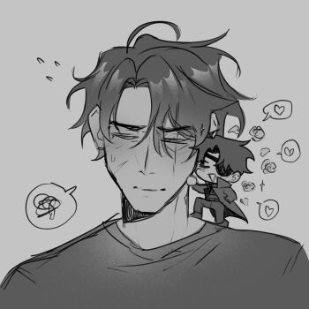 2boys areuwuu black_hair commentary curtained_hair dual_persona english_commentary eyepatch hair_between_eyes head_tilt heart highres male_focus mini_person miniboy multiple_boys omniscient_reader&#039;s_viewpoint scar scar_across_eye scar_on_face secretive_plotter short_hair spoken_heart squiggle upper_body yoo_joonghyuk yoo_joonghyuk_(999th_turn)