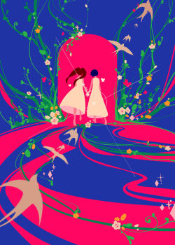 Rule 34 | 2girls, absurdres, barefoot, bird, blue background, blue hair, brown hair, commentary request, dress, fengdi kazefue, from behind, full body, highres, holding hands, kujikawa rise, long hair, multiple girls, persona, persona 4, plant, shirogane naoto, twintails, vines, white bird, white dress