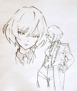 Rule 34 | 1girl, breasts, collared shirt, corset, frown, greyscale, gridman universe, hair behind ear, hand on own hip, head tilt, honda3, jacket, looking to the side, medium breasts, monochrome, mujina, multiple views, necktie, shirt, short hair, shorts, ssss.dynazenon, traditional media