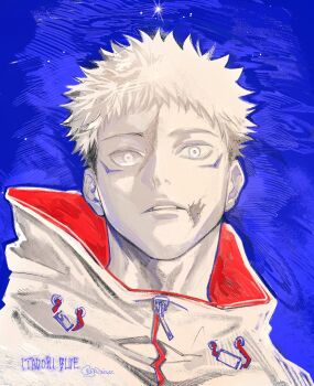 1boy blue_background highres hood hood_down hooded_jacket itadori_yuuji jacket jozpic jujutsu_kaisen looking_at_viewer male_focus parted_lips portrait scar scar_on_face scar_on_mouth short_hair solo teeth undercut zipper zipper_pull_tab