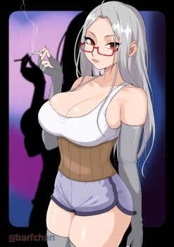 ayase_seiko barfchan breasts cigarette dandadan dolphin_shorts glasses grey_arm_warmers haramaki highres holding holding_cigarette large_breasts mature_female red-framed_eyewear semi-rimless_eyewear shorts simple_background skindentation smoking tank_top