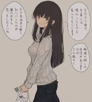 Rule 34 | 1girl, aran sweater, bag, black eyes, black hair, black pants, breasts, cable knit, commentary request, grey background, groceries, highres, hinomaru (futagun), holding, holding bag, long hair, looking at viewer, medium breasts, original, pants, plastic bag, ribbed sweater, simple background, smile, solo, spring onion, sweater, translation request, turtleneck, turtleneck sweater, white sweater