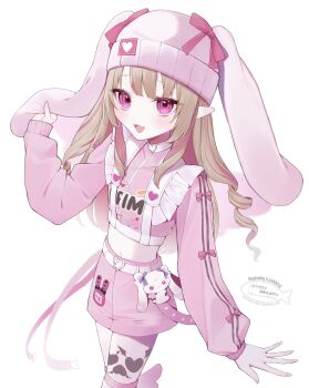 1girl animal_ears beanie belt blunt_bangs blush bow buckle character_name chest_harness clothes_writing colored_inner_hair cowboy_shot cropped_jacket drill_hair fake_animal_ears floppy_ears frills grey_hair hair_down hand_on_headwear harness hat hat_bow heart heart-shaped_buckle highres jacket leg_tattoo long_hair loose_belt makaino_ririmu midriff multicolored_hair name_tag navel nijisanji official_alternate_costume official_alternate_hairstyle open_mouth pink_belt pink_bow pink_hair pink_jacket pink_shorts pink_streaks pointy_ears rabbit_ears red_eyes short_shorts shorts sidelocks simple_background sleeves_past_wrists solo standing streaked_hair stuffed_animal stuffed_toy sukisou20 tattoo track_jacket two-tone_hair virtual_youtuber watermark white_background white_belt winged_heart winged_heart_tattoo