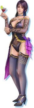 1girl 3d choker dead_or_alive dead_or_alive_xtreme dead_or_alive_xtreme_venus_vacation drink full_body hand_on_own_arm holding holding_drink martini multicolored_hair official_art purple_hair shandy_(doa) solo standing streaked_hair tagme