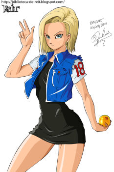 1girl android android_18 black_dress blonde_hair blue_eyes denim denim_vest dragon_ball dragon_ball_(object) dress earrings highres jewelry looking_at_viewer reit shirt short_dress short_hair signature simple_background t-shirt tagme white_background