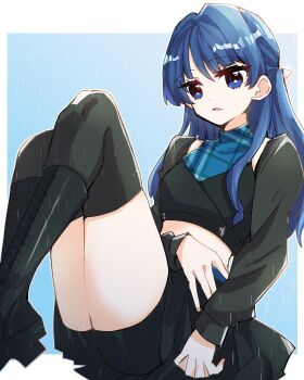 1girl black_jacket black_shorts black_skirt black_thighhighs blue_background blue_eyes blue_hair blue_shirt border commentary cropped_jacket cropped_shirt full_body hair_ribbon half_updo highres jacket kanduki_kamibukuro knees_up link!_like!_love_live! long_sleeves love_live! midriff miniskirt murano_sayaka official_alternate_costume outside_border parted_lips plaid_clothes plaid_shirt pleated_skirt rain reclining ribbon shirt shorts shorts_under_skirt simple_background skirt solo thighhighs thighs tragic_drops_(love_live!) turtleneck turtleneck_shirt virtual_youtuber white_border
