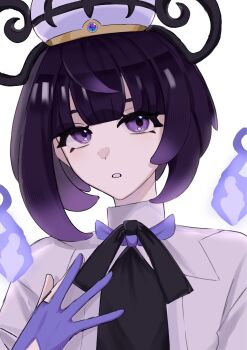 1girl black_dress blunt_bangs bob_cut coat dress eyelashes fire gloves gwynn_(pokemon) hat highres looking_at_viewer mega_stone mitsu_ringo_(cavehw1mq4ai740) nintendo open_clothes open_coat partially_fingerless_gloves pokemon pokemon_legends:_z-a purple_eyes purple_fire purple_hair short_hair solo upper_body white_background white_coat