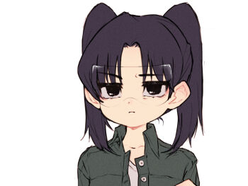 1girl amasawa_yuuko black_eyes black_hair closed_mouth collared_jacket commentary_request dennou_coil goggles green_jacket highres jacket looking_at_viewer okubatomaeba parted_bangs short_hair simple_background solo twintails upper_body white_background