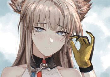 1girl :/ absurdres animal_ears arknights arknights:_endfield bird_ears bird_girl black_gloves blonde_hair blue_eyes blunt_bangs blush commentary english_commentary furrowed_brow gloves grey_eyes highres jacket kizuru09 long_hair looking_at_viewer outdoors overcast perlica_(arknights) playing_with_own_hair shirt sidelighting sky sleeveless sleeveless_shirt solo two-sided_gloves upper_body white_jacket yellow_gloves