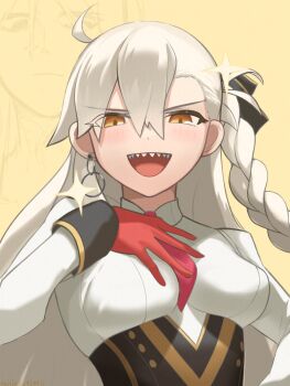 ahoge azrael_(grand_assassin)_(fate) blush bow braid breasts collared_shirt commentary_request earrings fate/grand_order fate_(series) gloves hair_between_eyes hair_bow highres jewelry large_breasts necktie olga_marie_animusphere olga_marie_animusphere_(unbeast) open_mouth orange_eyes raisin52969411 red_gloves sharp_teeth shirt smug teeth