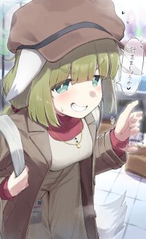 1girl absurdres animal_ears blue_archive blue_eyes breasts brown_hat green_eyes green_hair green_halo grin halo handjob_gesture hat highres kuragesensei parted_lips small_breasts smile solo speech_bubble tail translation_request yakumo_(blue_archive)