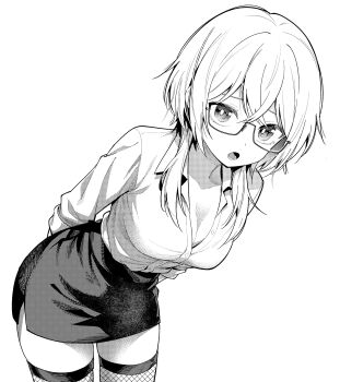 Rule 34 | 1girl, absurdres, arms behind back, breasts, cleavage, collared shirt, commentary request, cowboy shot, fishnet thighhighs, fishnets, glasses, greyscale, highres, igarashi masakuni, kirino iko, leaning forward, looking at viewer, mayonaka heart tune, medium breasts, miniskirt, monochrome, open mouth, pencil skirt, semi-rimless eyewear, shirt, shirt tucked in, short hair, simple background, skirt, solo, thighhighs, under-rim eyewear, white background