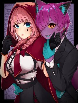 2girls animal_ears black_gloves black_jacket black_skirt black_suit blue_eyes blue_gloves braid breasts cape closed_mouth colored_sclera colored_skin commentary cosplay english_commentary formal_clothes gloves hand_on_another&#039;s_waist hand_on_another&#039;s_wrist highres hololive hood hood_up hooded_cape jacket large_breasts little_red_riding_hood_(fairy_tale) little_red_riding_hood_(fairy_tale_character) little_red_riding_hood_(fairy_tale_character)_(cosplay) long_hair looking_at_viewer multiple_girls open_mouth parted_bangs pink_hair purple_hair purple_skin red_cape red_eyes ringo_21_a sharp_teeth shirt short_hair skirt smile suit takane_lui teardrop_facial_mark teeth twin_braids virtual_youtuber white_shirt wolf_ears wolf_girl yellow_sclera