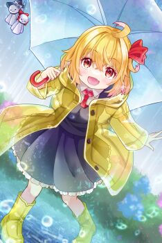 1girl ahoge black_skirt black_vest blonde_hair blush boots commentary_request dutch_angle fang hair_ribbon hakurei_reimu holding holding_umbrella kirisame_marisa orange_hair outdoors partial_commentary petticoat rain raincoat red_ribbon ribbon rubber_boots rumia sakuyabm see-through_clothes see-through_raincoat shirt skin_fang skirt skirt_set smile solo teruterubouzu touhou transparent transparent_umbrella twitter_username umbrella vest water_drop white_shirt yellow_boots yellow_raincoat