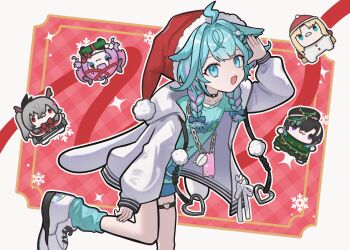 5girls absurdres ahoge animal_hood antlers arm_up black_hair blonde_hair blue_eyes blue_hair blue_shirt blue_shorts blue_socks bow braid chibi chibi_inset choker christmas fake_antlers flow_glow_(hololive) gingham_background grey_hair hair_bow hair_flaps hair_ornament hashtag-only_commentary hat heart heart_o-ring highres hololive hololive_dev_is hood hooded_jacket horns isaki_riona jacket kikirara_vivi koganei_niko leg_up lightning_ahoge long_hair long_sleeves looking_at_viewer loose_socks low_twin_braids mizumiya_su mizumiya_su_(1st_costume) multicolored_hair multiple_girls o-ring o-ring_choker o-ring_thigh_strap open_mouth pink_hair rabbit_hood reindeer_antlers rindo_chihaya santa_hat shirt shoes short_hair shorts sneakers snowflake_background socks streaked_hair thigh_strap torn_clothes torn_shirt twin_braids two-tone_hair user_nset2884 virtual_youtuber white_background white_hair white_jacket white_shoes x_hair_ornament