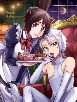 1046sstep_btoh 1boy 1girl animal_ears apron bent_over black_dress bleach bodysuit bow bowtie brown_eyes brown_hair cat_boy cat_ears cat_girl cat_tail chair commentary_request crescent_moon cupcake curtains dress elbow_gloves food gloves green_eyes happy_halloween highres hinamori_momo hitsugaya_toushirou holding holding_food holding_tray intertwined_tails jack-o&#039;-lantern juliet_sleeves kemonomimi_mode long_sleeves maid maid_apron moon puffy_sleeves red_bow red_bowtie sitting tail tray twitter_username watermark white_bodysuit white_gloves white_hair window