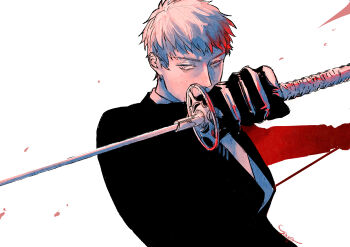 1boy absurdres black_gloves black_suit commentary dual_wielding fate/grand_order fate_(series) formal_clothes gloves highres holding jacket katana monochrome saitou_hajime_(fate) saitou_hajime_(second_ascension)_(fate) sayo_(38b_c0) simple_background solo spot_color suit suit_jacket sword unsheathed weapon