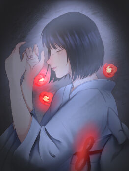 Rule 34 | 1girl, back bow, black background, black hair, bob cut, bow, camellia, closed eyes, closed mouth, commentary, fatal frame, fatal frame ii: crimson butterfly, fingernails, flower, from side, gradient background, grey background, hands up, highres, japanese clothes, kimono, kurosawa sae, lying, obi, on side, profile, red flower, right-over-left kimono, rope, sash, shimenawa, short hair, single tear, solo, three-quarter sleeves, two-tone background, untranslatable commentary, upper body, white bow, white kimono, yukiame