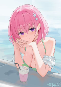 1girl absurdres bare_shoulders bikini blush breasts flower glass green_bikini hair_flower hair_ornament highres looking_at_viewer medium_breasts medium_hair momo_velia_deviluke partially_submerged poolside puffy_sleeves purple_eyes short_sleeves smile solo swimsuit to_love-ru to_love-ru_darkness upper_body yizi_(yizi_official)