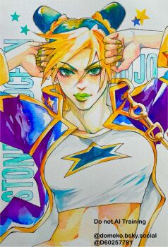 Rule 34 | 1girl, artist name, blonde hair, braid, breasts, chain, coat, commentary request, cone hair bun, copyright name, cosplay, crop top, d60257781, double bun, eyeshadow, green eyes, green hair, green lips, green nails, hair bun, high collar, highres, jacket, jojo no kimyou na bouken, kujo jotaro (cosplay), kuujou jolyne, kuujou joutarou, looking at viewer, makeup, medium breasts, midriff, multicolored hair, open clothes, open coat, painting (medium), purple coat, shirt, solo, star (symbol), star print, stone ocean, traditional media, twitter username, two-tone hair, upper body, watercolor (medium), white shirt, yellow eyeshadow