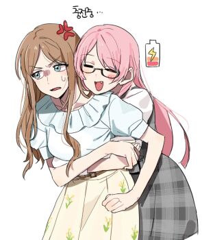 2girls =_= anger_vein bang_dream! bang_dream!_it&#039;s_mygo!!!!! battery_indicator belt belt_buckle black-framed_eyewear blue_eyes blush_stickers brown_belt brown_hair buckle carrot0carrot chihaya_anon closed_eyes collarbone commentary cowboy_shot dot_nose dress fang floral_print floral_print_skirt frilled_shirt frills front-to-back hand_on_another&#039;s_arm hand_on_another&#039;s_shoulder highres hug hug_from_behind korean_commentary korean_text leaning_forward leaning_on_person long_hair long_sidelocks looking_to_the_side medium_dress multiple_girls nagasaki_soyo open_mouth parted_bangs pink_hair pleated_dress pleated_skirt print_skirt puffy_short_sleeves puffy_sleeves recharging semi-rimless_eyewear shaded_face shirt short_sleeves sidelocks sideways_glance simple_background single_blush_sticker skirt sweatdrop three-quarter_sleeves translated under-rim_eyewear v-shaped_eyebrows very_long_hair white_background white_shirt white_sleeves yellow_skirt yuri
