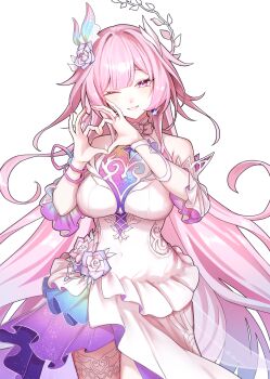 1girl absurdres armlet bare_shoulders breasts commentary cowboy_shot cyrene_(honkai:_star_rail) cyrene_(ripples_of_past_reverie)_(honkai:_star_rail) diamond-shaped_pupils diamond_(shape) dress flower hair_flower hair_ornament hands_up hashtag-only_commentary heart heart_hands highres honkai:_star_rail honkai_(series) jewelry large_breasts long_hair looking_at_viewer neneneneko one_eye_closed parted_lips pink_eyes pink_hair purple_flower purple_rose rose simple_background smile solo symbol-shaped_pupils thighs very_long_hair white_background white_dress