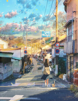 1girl autumn backpack bag black_hair black_sailor_collar black_skirt blue_sky building cat cloud commentary_request from_behind highres mountainous_horizon original outdoors pleated_skirt postbox_(outgoing_mail) power_lines red_scarf road road_sign ryowelcome1 sailor_collar scarf school_uniform shirt short_twintails sign skirt sky solo street tree twintails utility_pole vanishing_point walking white_shirt window