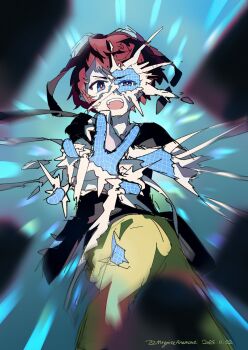 Rule 34 | 1boy, aiba takumi, black shirt, blue background, blue eyes, blurry, blurry foreground, commentary, digimon, digimon story: cyber sleuth, english commentary, goggles, goggles on head, highres, male focus, mrgniteanemone, pants, red hair, shirt, solo, torn skin, wireframe, yellow pants
