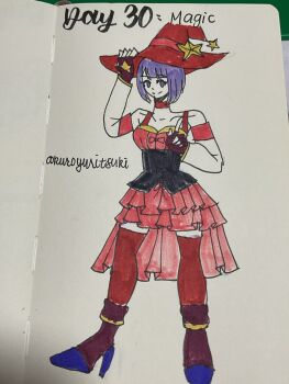 1girl asamiya_athena dress female_focus gloves hat highres kuroyuritsuki_ magical_girl purple_eyes purple_hair shoes short_hair smile star_(symbol) the_king_of_fighters wide_hips witch_hat