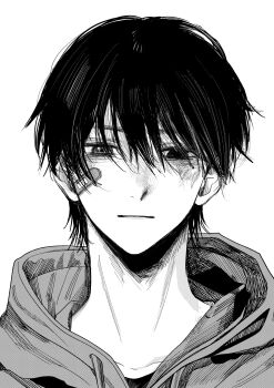 1boy absurdres bandaid bandaid_on_cheek bandaid_on_face closed_mouth drawstring empty_eyes expressionless greyscale highres hood hood_down hoodie k_(kousei_mz) male_focus monochrome original short_hair simple_background solo straight-on white_background