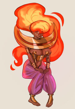 Rule 34 | 1girl, absurdres, armlet, barefoot sandals (jewelry), breasts, calvin sims, capcom, dark-skinned female, dark skin, fire, fire hair, grey background, hands on own knees, harem outfit, harem pants, highres, jewelry, large breasts, long hair, navel, pants, pasties, power stone, red eyes, red hair, rouge (power stone), smile, solo, vambraces, yellow nails