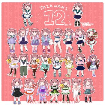 Rule 34 | bikini, casual, character name, dress, full body, grey pants, happi, izumiyamisono, japanese clothes, kantai collection, kimono, looking at viewer, monpe, official alternate costume, pants, pink hair, sazanami (10th anniversary) (kancolle), sazanami (11th anniversary) (kancolle), sazanami (12th anniversary) (kancolle), sazanami (7th anniversary) (kancolle), sazanami (8th anniversary) (kancolle), sazanami (9th anniversary) (kancolle), sazanami (autumn) (kancolle), sazanami (christmas) (kancolle), sazanami (kancolle), sazanami (kure) (kancolle), sazanami (maizuru) (kancolle), sazanami (pm swimsuit) (kancolle), sazanami (rainy season) (kancolle), sazanami (round one) (kancolle), sazanami (swimsuit) (kancolle), sazanami (yukata) (kancolle), sazanami kai (kancolle), school uniform, serafuku, smile, standing, swimsuit, twintails, yukata