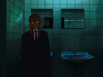 1girl @_@ absurdres art_study bathroom black_coat black_necktie black_vest blood blood_drip blood_on_mirror ceiling_light chainsaw_man coat collared_shirt commentary different_reflection dim_lighting distortion english_commentary environment_study faucet glowing glowing_eyes highres isriune looking_at_viewer makima_(chainsaw_man) mirror necktie pool_of_blood red_hair reflection scenery shirt sidelocks sink solo standing tile_wall tiles translation_request vest white_shirt yellow_eyes