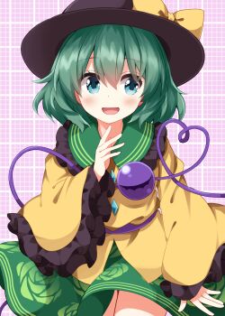 1girl :d black_hat blue_eyes blush bow buttons collared_shirt commentary_request contrast_collar cowboy_shot diamond_button frilled_shirt_collar frilled_sleeves frills green_hair green_skirt grid_background hand_up hat hat_bow heart heart_of_string highres komeiji_koishi long_sleeves looking_at_viewer open_mouth pink_background ruu_(tksymkw) shirt short_hair skirt smile solo third_eye touhou wide_sleeves yellow_bow yellow_shirt
