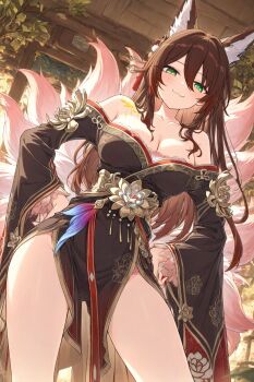 1girl animal_ears bare_shoulders breasts brown_hair fox_ears fox_girl fox_tail fugue_(honkai:_star_rail) green_eyes hair_between_eyes highres honkai:_star_rail honkai_(series) kitokito3930 kitsune kyuubi large_breasts looking_at_viewer multiple_tails pink_tail solo tail thighs tingyun_(honkai:_star_rail)